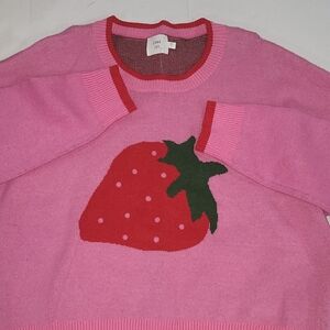 LUNA IVY Cozy Women's Size Large Knit Pink/Red Sweater With Strawberry Design.